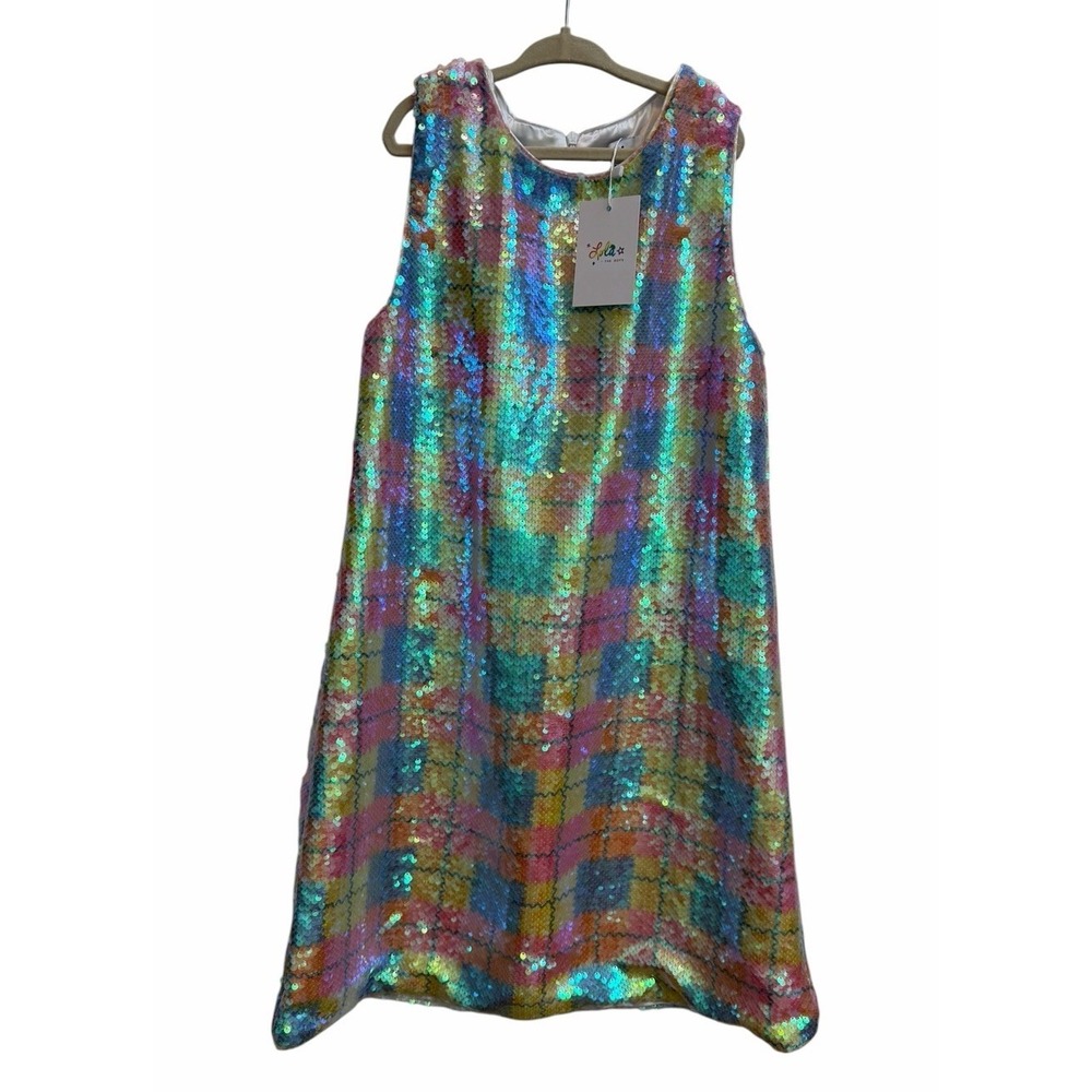 Lola And The Boys Sequin Tank Dress Checked Rainbow Girls 12 NEW Party